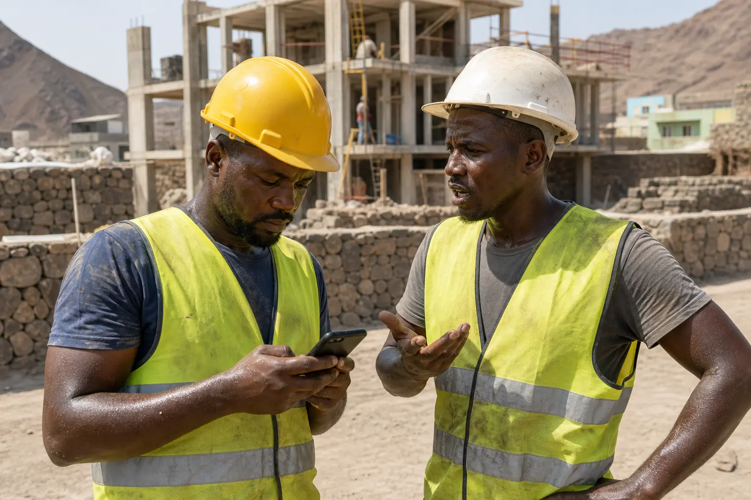Trabalhadores de obra a marcar o ponto no telemóvel